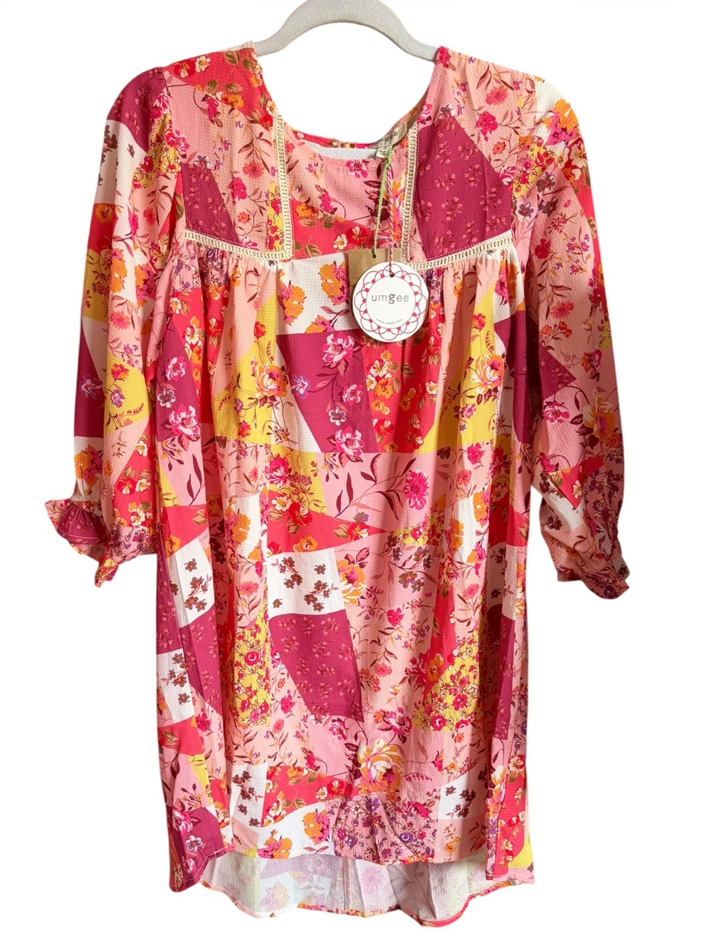 Umgee Pink Floral Patchwork Peasant Dress Ruffled Sleeves NWT Size Small